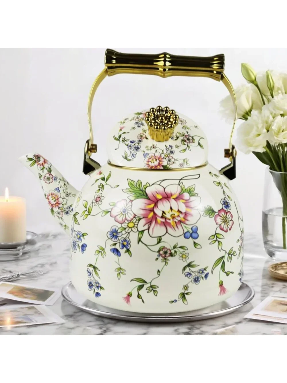 Vintage Floral Enamel Tea Kettle with Gold Handle, 2.5L Stovetop Teapot, Home